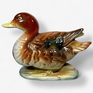 Mid-Century Japanese Ceramic Duck Figurine 6" x 9 brown green